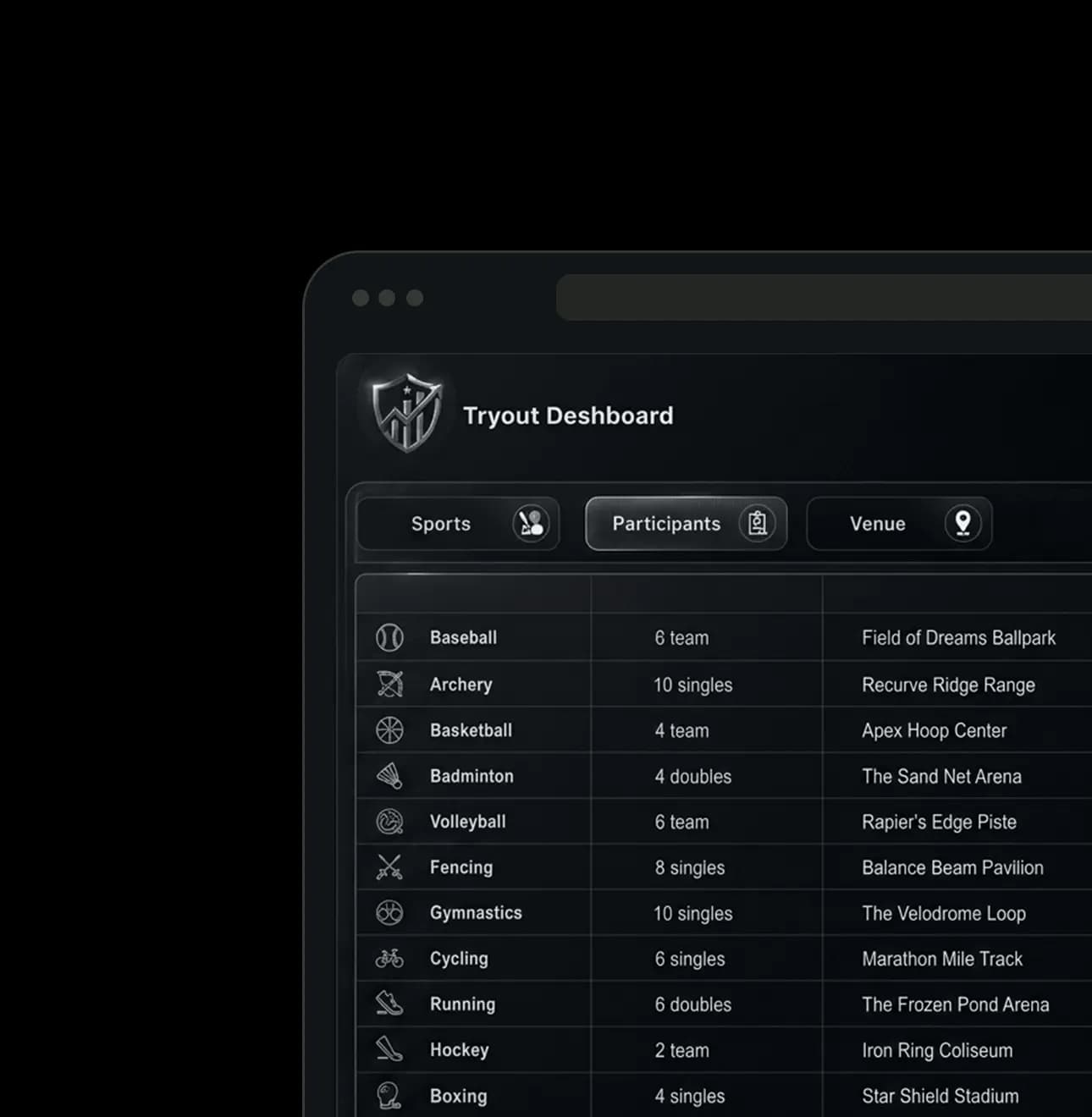 Athlete registration platform organizing sports events, participant data, and venue management.