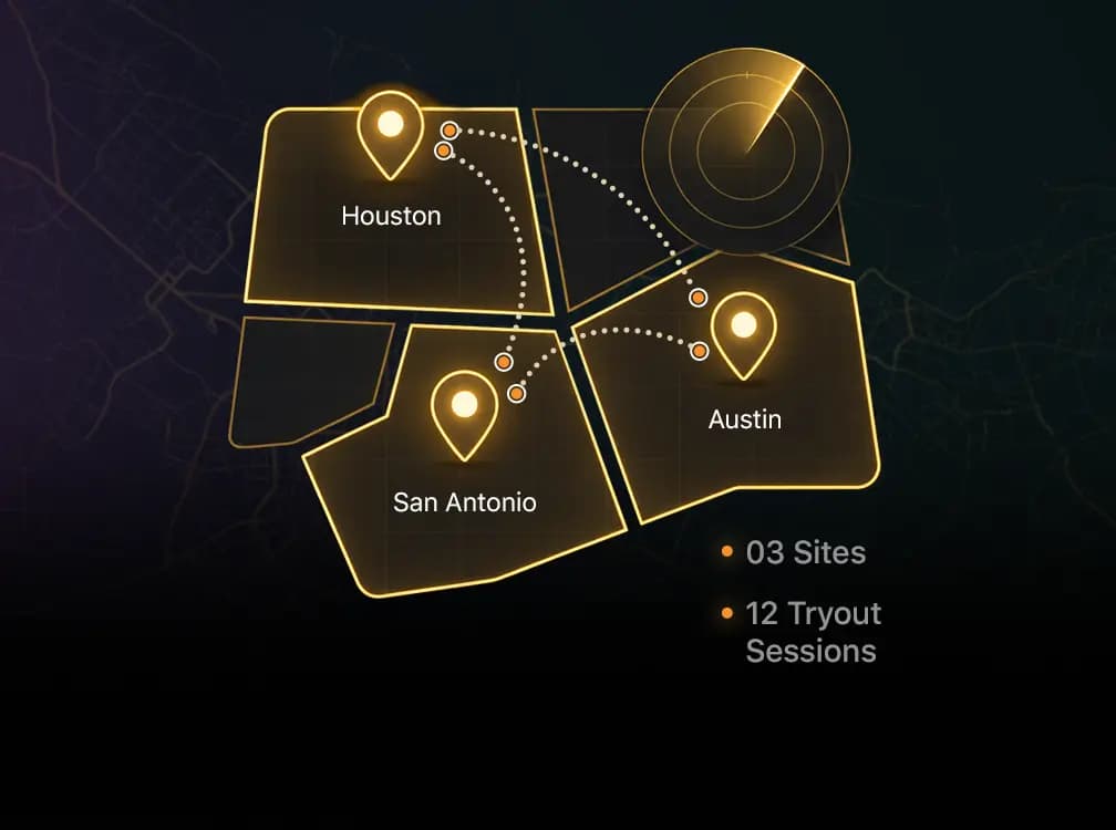 Multi-location sports management platform organizing tryouts across facilities, regions, and event locations.
