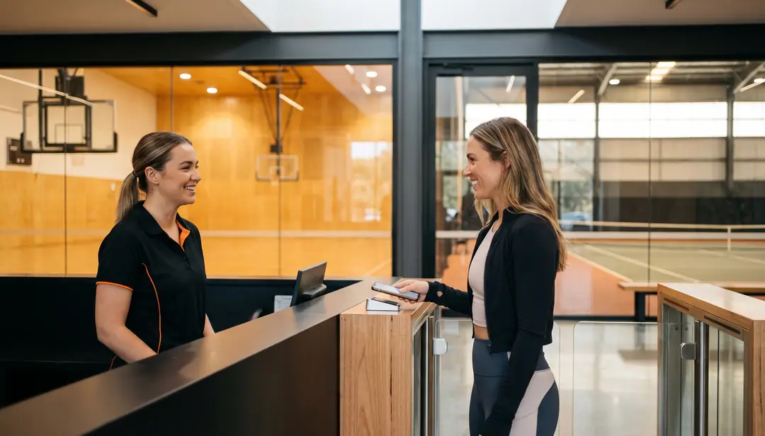 Member checking in at the front desk of a sports facility