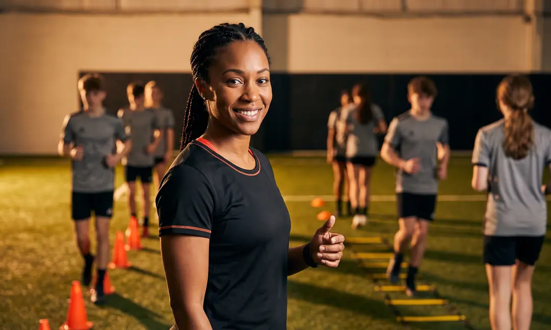 Athletic trainer leading a speed and agility class on indoor turf