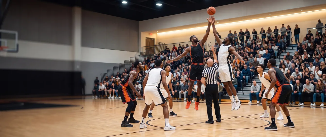 Opening tip-off of an adult league basketball game in front of full bleachers