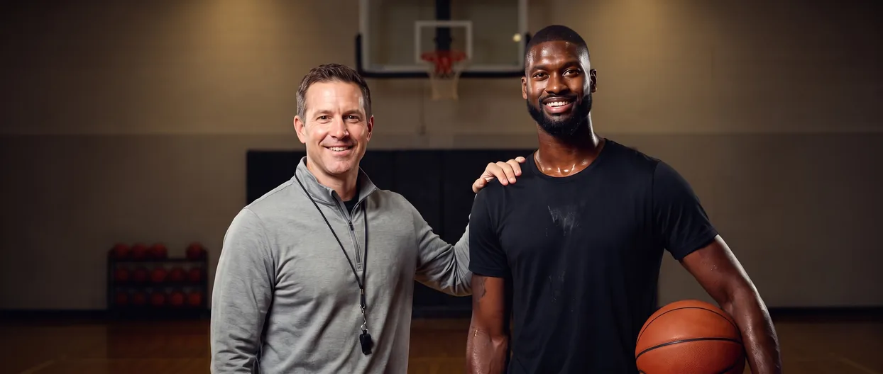 Basketball player and his private trainer smiling after a one-on-one training session