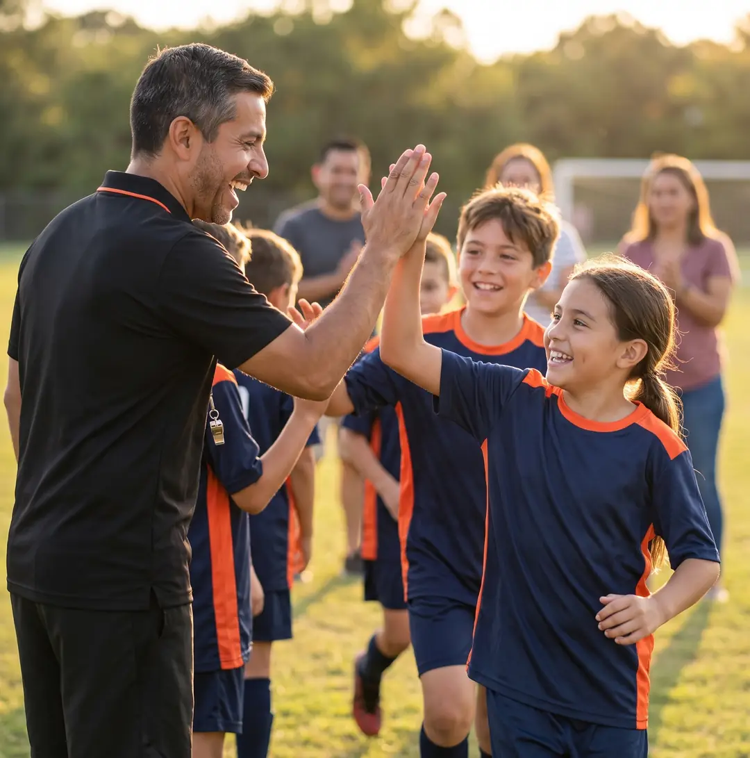 Coach high-fiving young players as they come off the field