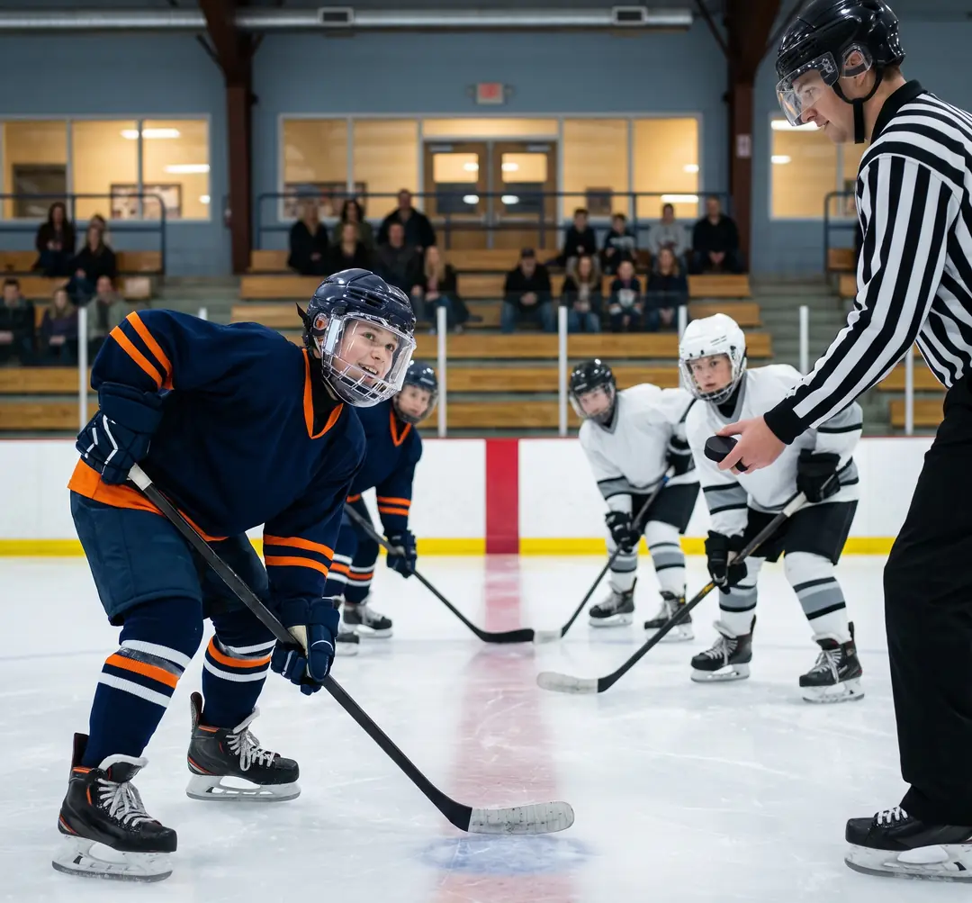 Youth hockey teams lining up for the opening faceoff of a league game