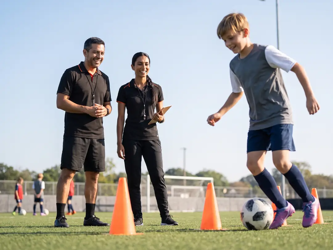 Two coaches watching a player dribble through a cone drill during a youth soccer tryout