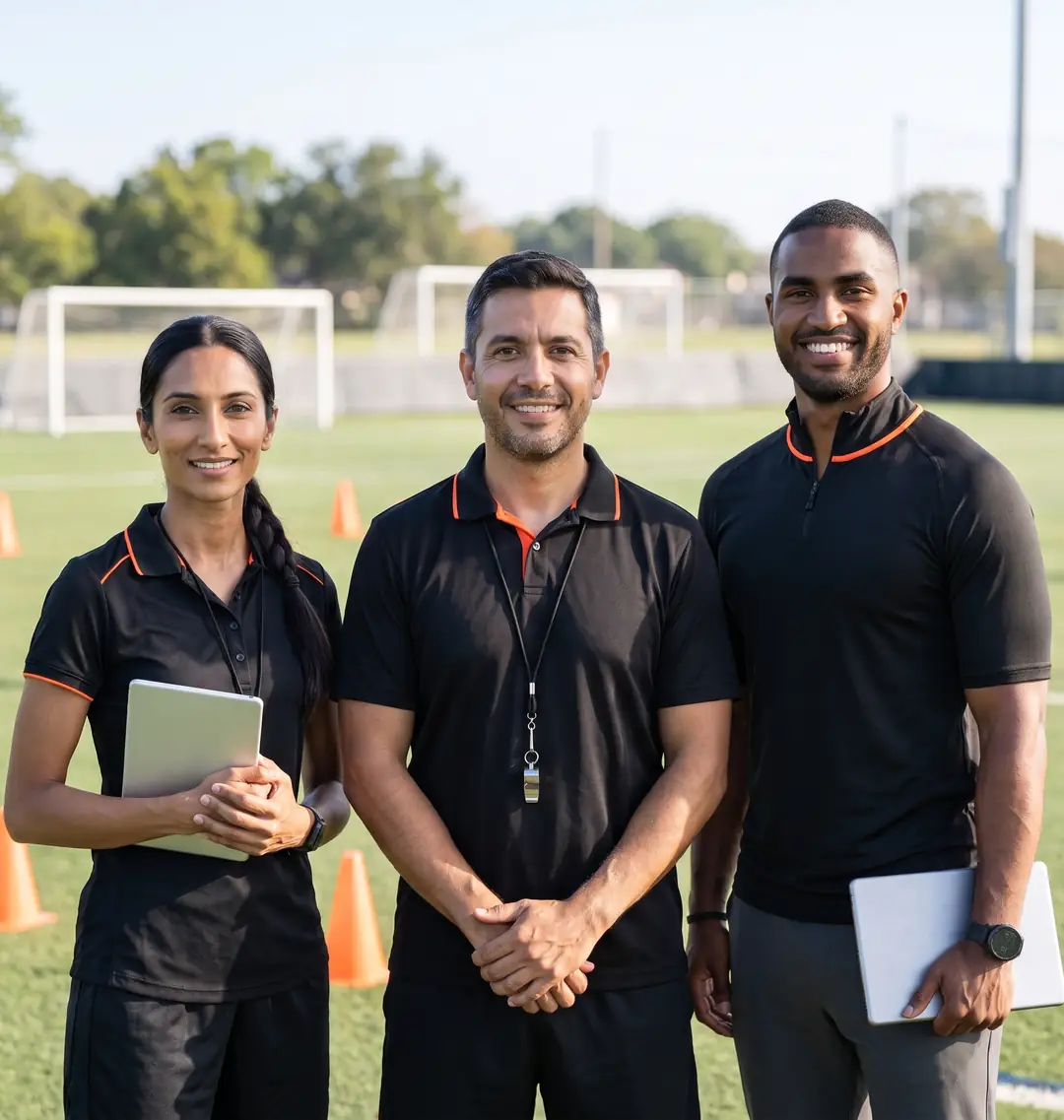 Three youth soccer coaches standing together on the field before tryouts